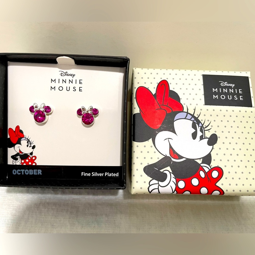 Minnie Mouse October Birthstone Silver-Plated Crystal Stud Earrings, New in Box
